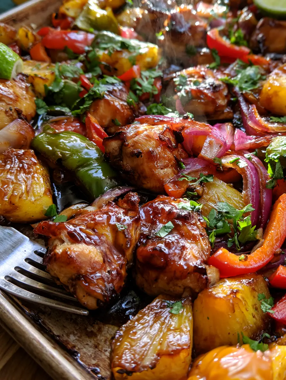 Close-up of caramelized chicken and pineapple in a sticky teriyaki chicken sheet pan meal.