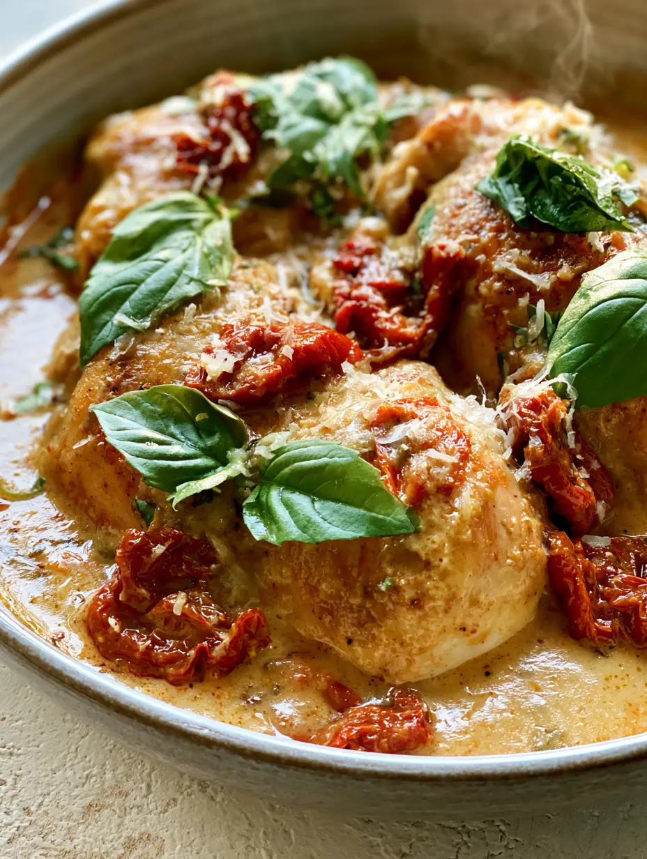 A meticulous close-up of marry me chicken showing the physical layers of golden chicken and thick creamy sauce.