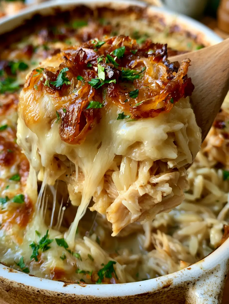 Steaming bubbling french onion chicken orzo being lifted with a wooden spoon to show cheese strands.