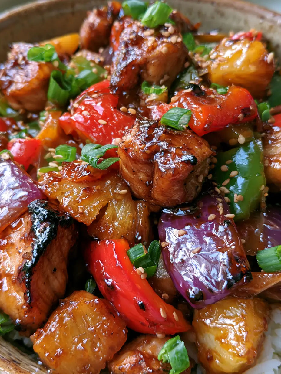Extreme close-up of glistening chicken pineapple pieces showing caramelized edges and a rich teriyaki sheen. (chicken pineapple)