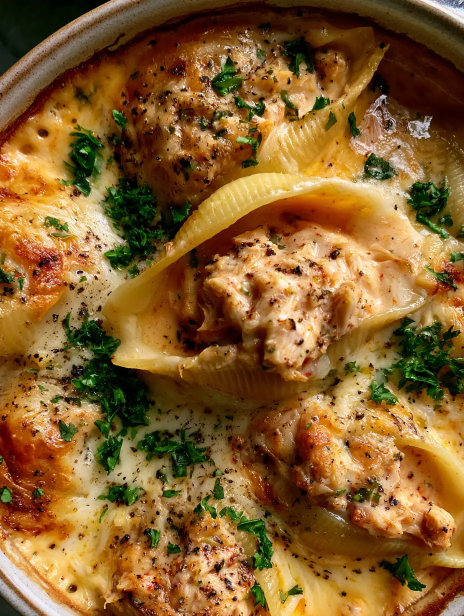 Chicken Alfredo Shells with Shredded Cajun Poultry and Bubbly Golden Cheese 3 Close-up of a single chicken alfredo shell being pulled from a dish, showing shredded chicken and melted cheese.