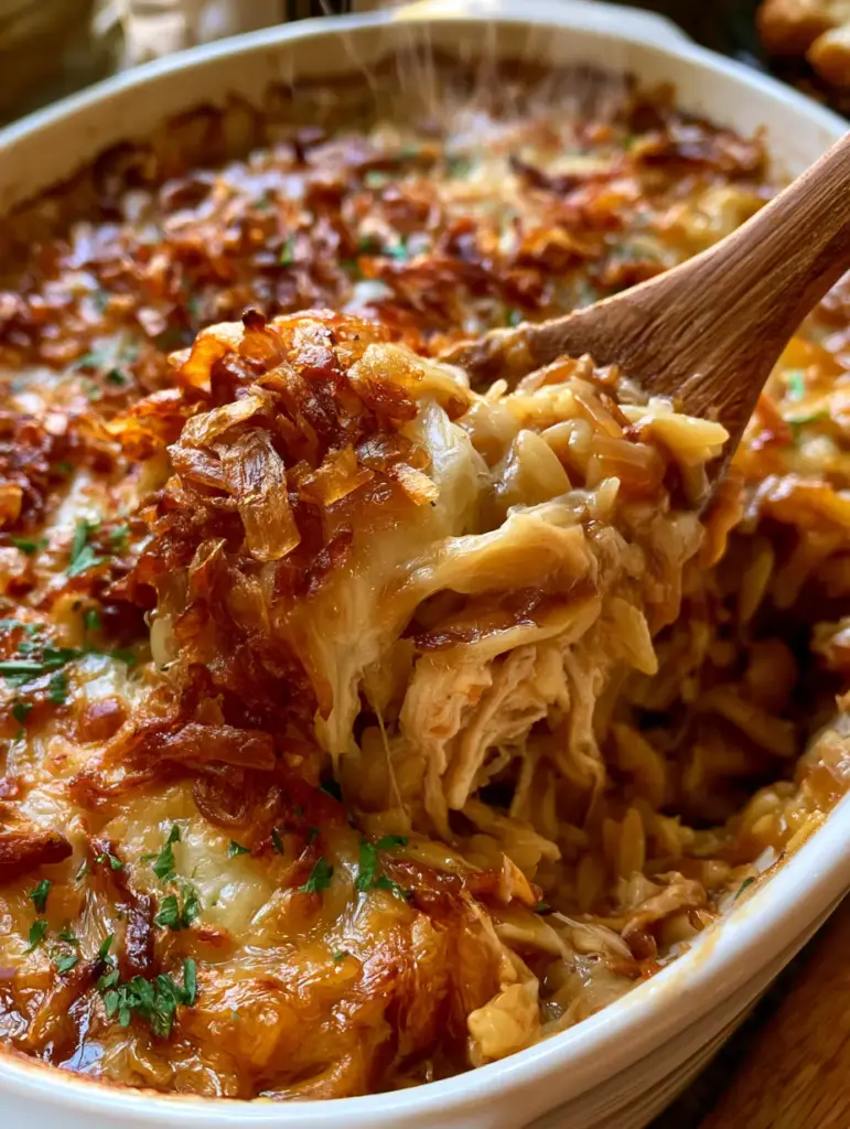 French Onion Chicken Orzo: The Ultimate Creamy One-Pan Bake 2 Top-down view of French Onion Chicken Orzo in a white dish with golden-brown cheese crust and fresh green parsley garnish.