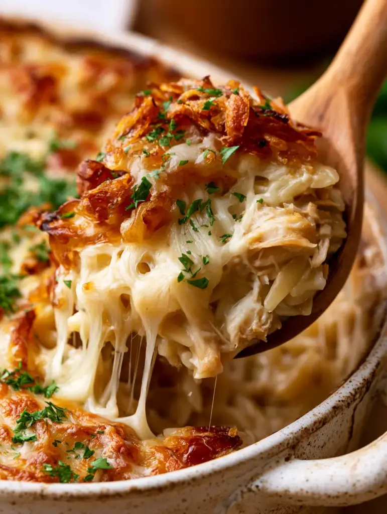 Overhead view of a golden-brown crown of crispy fried onions on a french onion chicken orzo bake.
