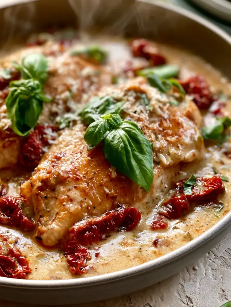 Golden-seared chicken breasts nestled in a rich cream sauce with scattered green basil and grated parmesan.