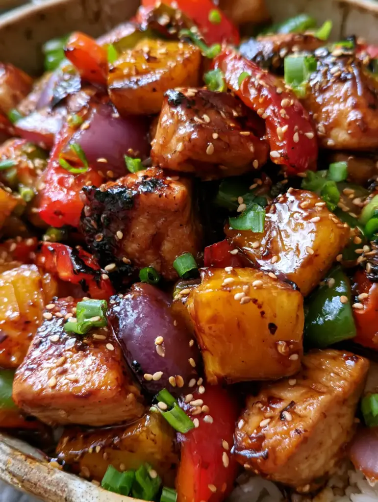 A vibrant spread of chicken pineapple with red and green bell peppers and toasted sesame seeds scattered on top.
