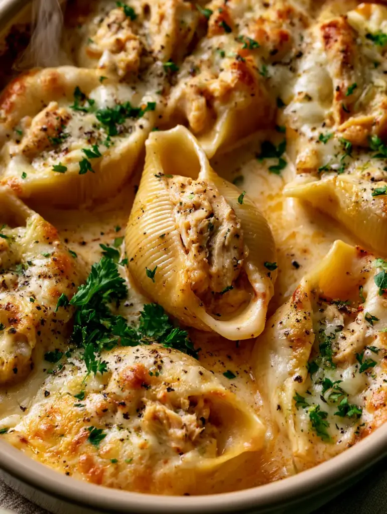 Chicken Alfredo Shells with Shredded Cajun Poultry and Bubbly Golden Cheese 1 Overhead view of chicken alfredo shells with a slightly browned parmesan crust and fresh parsley.