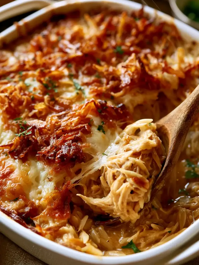 French Onion Chicken Orzo: The Ultimate Creamy One-Pan Bake 1 Detailed close-up of creamy orzo pasta and shredded chicken being scooped with a wooden spoon.
