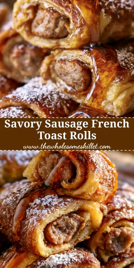 Sausage French Toast Rolls: The Ultimate Sweet and Savory Breakfast 4 A tall stack of golden-brown sausage french toast rolls on a rustic plate, sliced diagonally to show the sausage center, dusted with powdered sugar and drizzled with maple syrup. (sausage french toast rolls)