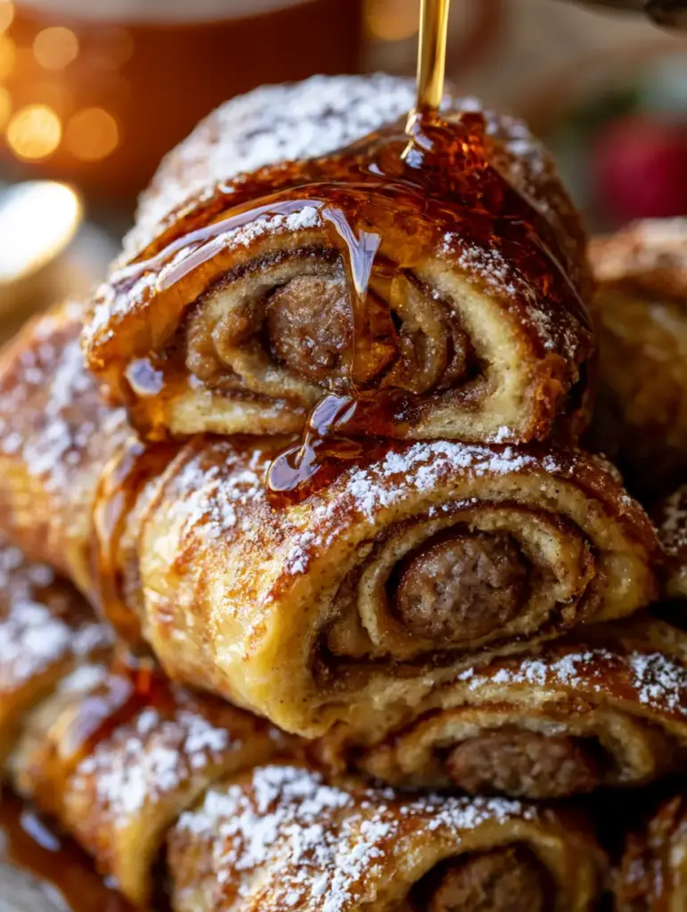 Sausage French Toast Rolls: The Ultimate Sweet and Savory Breakfast 2 Extreme close-up of sausage french toast rolls being drizzled with amber maple syrup, highlighting the crispy texture and powdered sugar dusting. (sausage french toast rolls)