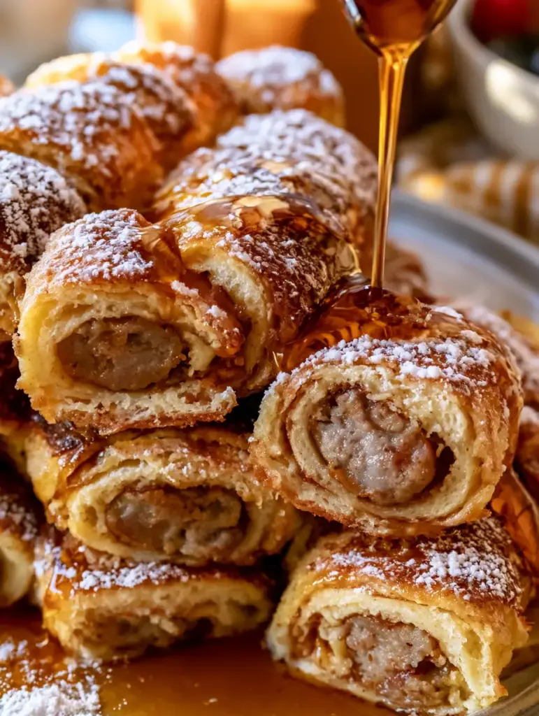 Sausage French Toast Rolls: The Ultimate Sweet and Savory Breakfast 1 Stacked sausage french toast rolls sliced on a diagonal to reveal the juicy breakfast sausage links inside, set against a rustic farmhouse background.