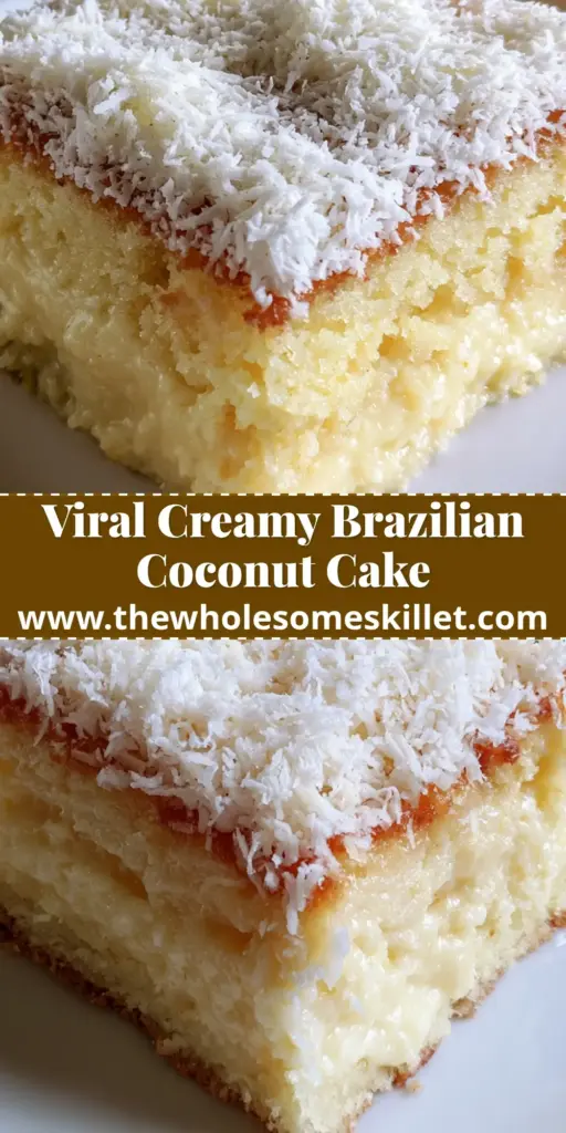 A thick square slice of Brazilian coconut cake on a white plate with fluffy shredded coconut on top, highlighting the creamy custard center.