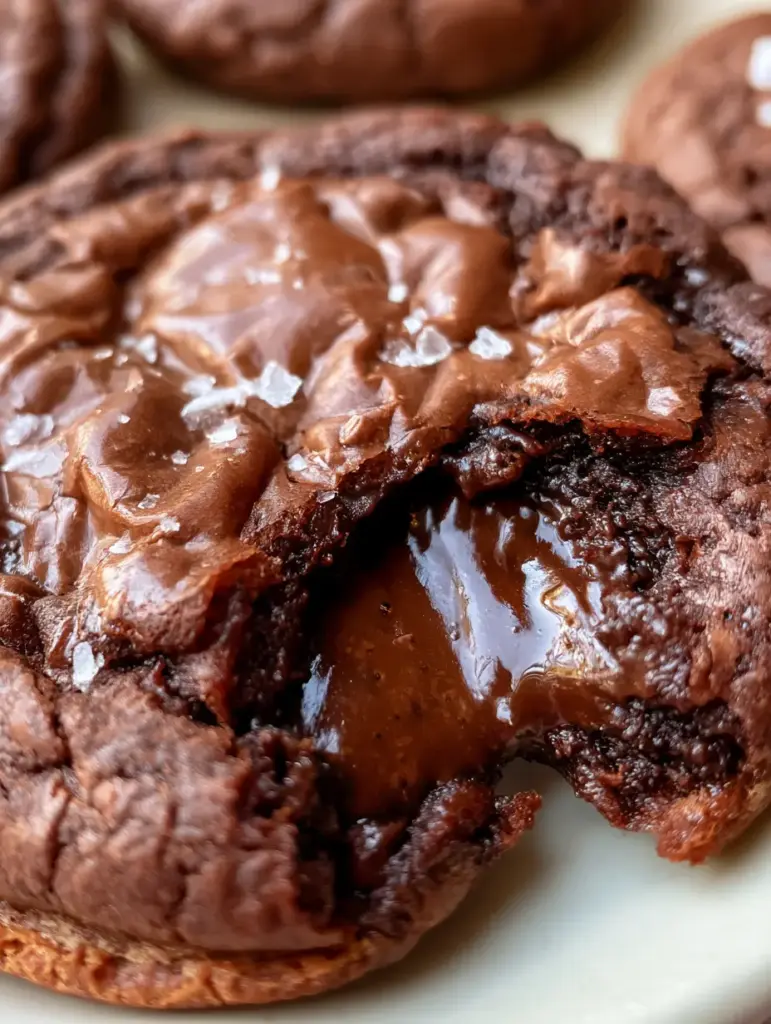 Brookie Cookies: The Ultimate Fudgy Brownie Cookie with a Molten Core 2 Close up shot of a brookie cookie with a bite taken out, revealing a glistening molten chocolate center.