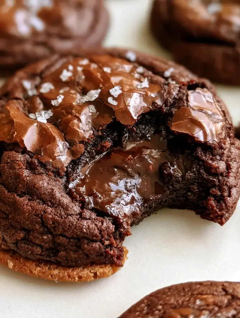 Brookie Cookies: The Ultimate Fudgy Brownie Cookie with a Molten Core 1 Detailed shot of the crinkled, shiny surface of brookie cookies with scattered sea salt crystals.
