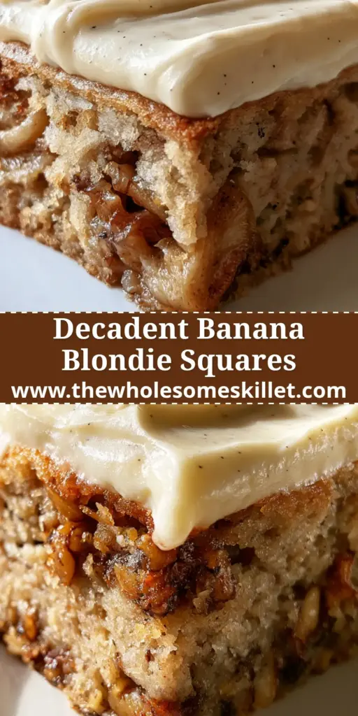 A close-up shot of a single banana blondie square on a white plate with thick cream cheese frosting and visible walnuts.