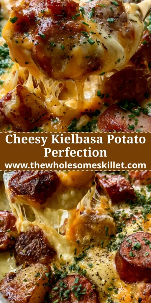 A bubbling kielbasa potato bake in a white ceramic dish with a serving spoon lifting a portion to show an epic cheese pull.