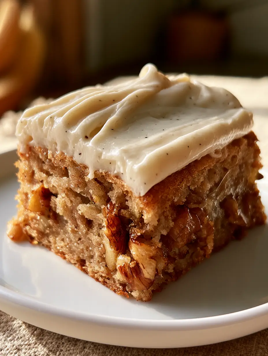A handheld smartphone photo showing a thick banana blondie square with visible banana chunks and swirled frosting. (banana blondie squares)