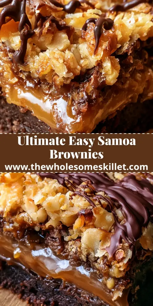 Samoa Brownies: The Ultimate Fudgy Caramel Coconut Bar Recipe 4 A stack of decadent samoa brownies with visible layers of dark chocolate, glistening caramel, and toasted coconut flakes.