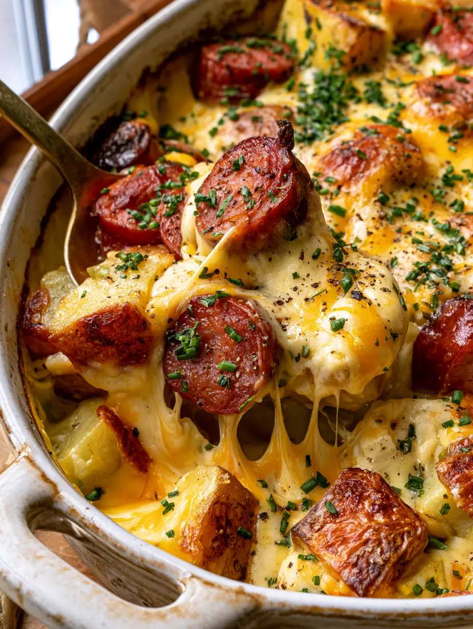 Overhead view of a kielbasa potato bake featuring caramelized sausage, golden potatoes, and melted gouda in a rustic dish.