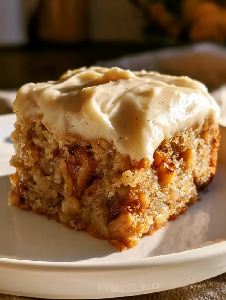 Detailed close-up of a banana blondie square on a rustic kitchen background focusing on the moisture and gloss.