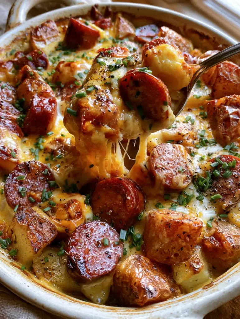 Close-up of stringy melted cheddar and smoked gouda cheese over roasted potatoes and sliced kielbasa garnish with chives.