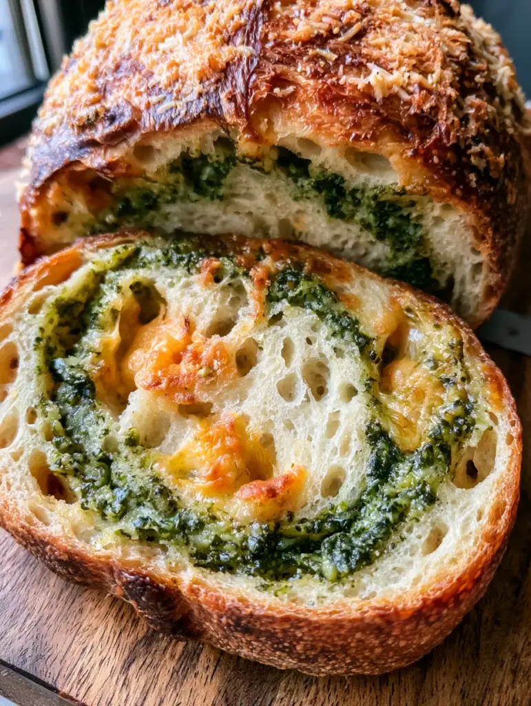 High-angle view of an airy pesto parmesan sourdough interior with vibrant basil swirls.