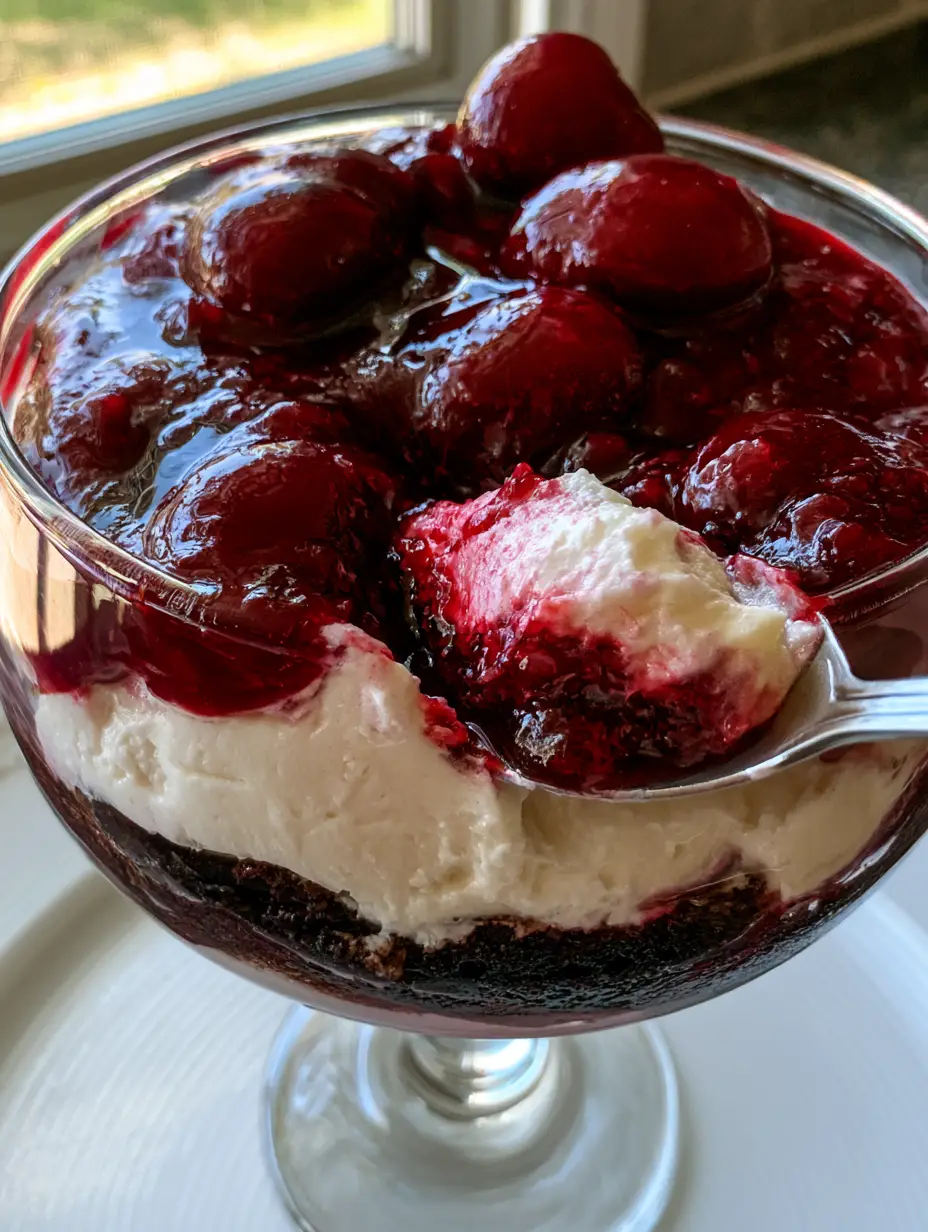 Cherry Amaretto Tiramisu: A Boozy, Layered Italian Masterpiece 3 Side view of cherry amaretto tiramisu in a glass coupe with distinct layers of dark espresso ladyfingers and velvety white cream. (cherry amaretto tiramisu)