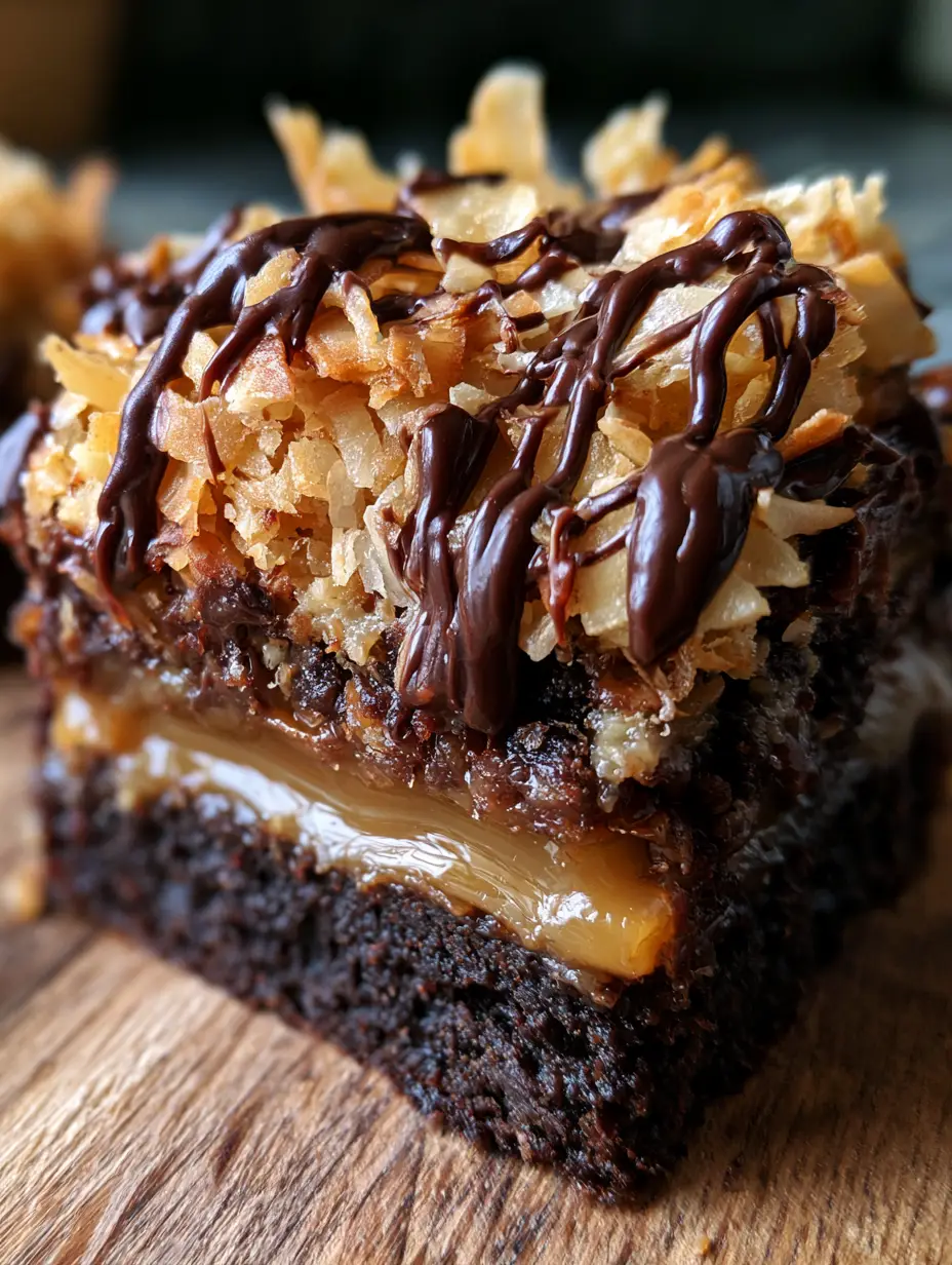 Samoa Brownies: The Ultimate Fudgy Caramel Coconut Bar Recipe 3 Extreme macro close-up of a single samoa brownie slice showing the moist crumb, molten caramel, and toasted coconut texture.
