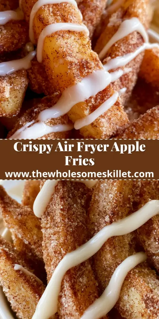 A close-up shot of crispy apple fries coated in sparkling cinnamon sugar with a white icing drizzle and caramel sauce.