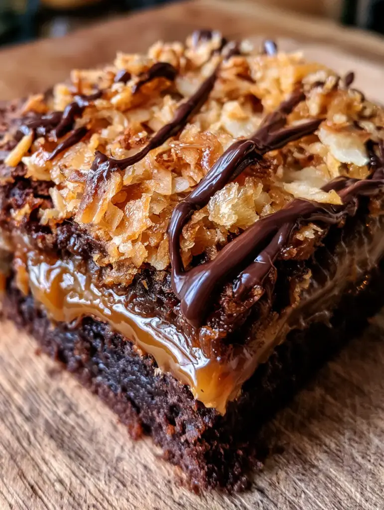Samoa Brownies: The Ultimate Fudgy Caramel Coconut Bar Recipe 1 Handheld photo of a samoa brownie on a rustic wooden board with a dark chocolate drizzle and golden coconut flakes.