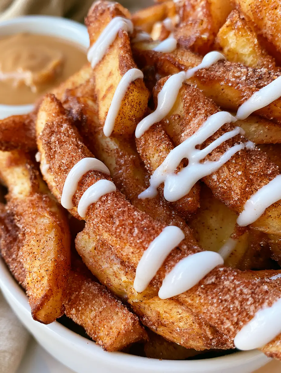 Macro view of air-fried apple fries showing the textured cinnamon sugar coating and icing zigzag.