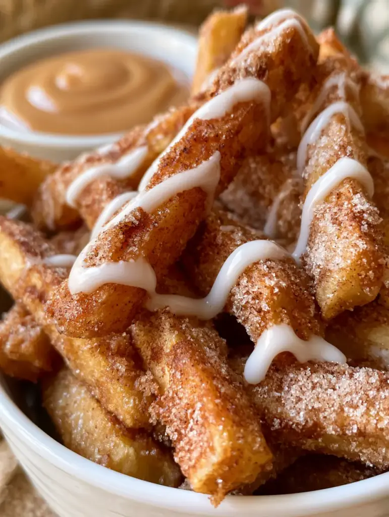 Cozy white bowl filled with golden-brown apple fries and a side of creamy caramel.