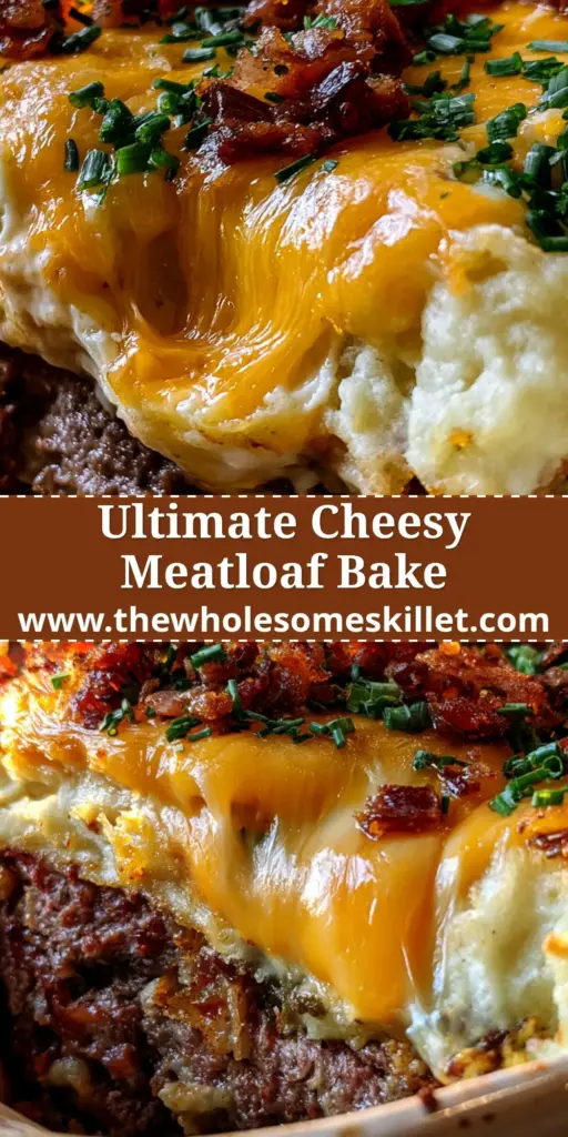 A cross-section slice of a potato meatloaf bake with bubbling cheddar cheese and bacon bits in a rustic dish.