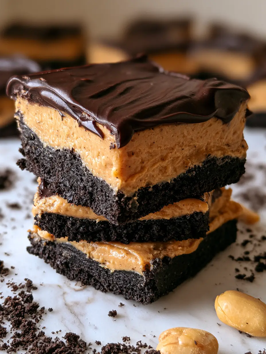 Overhead close-up of a stack of oreo peanut butter delights with glossy chocolate topping and crumbly crust.