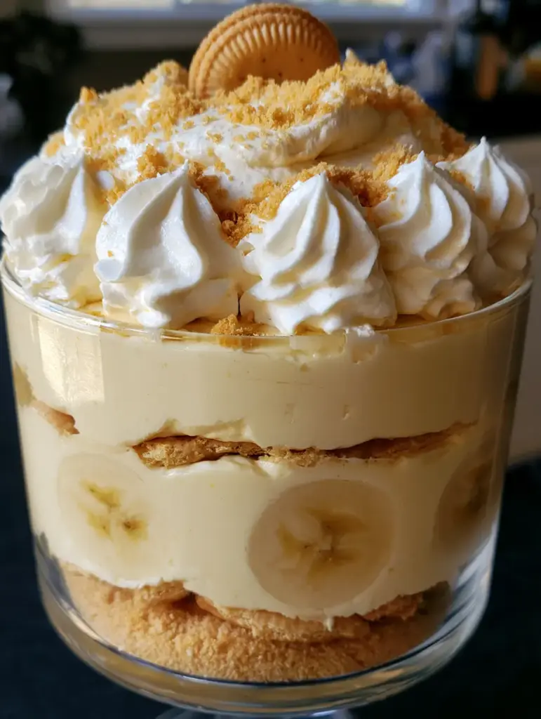 Banana Pudding Cheesecake: The Ultimate No-Bake Layered Dessert 1 Close up of stiff fluffy whipped cream peaks on a banana pudding cheesecake with golden cookie crumbs.
