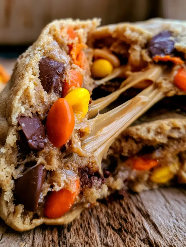 reeses peanut butter cookies: The Ultimate Molten Center Masterpiece 1 Two halves of a reeses peanut butter cookie showing melted chips and vibrant Reese's Pieces candy shells.