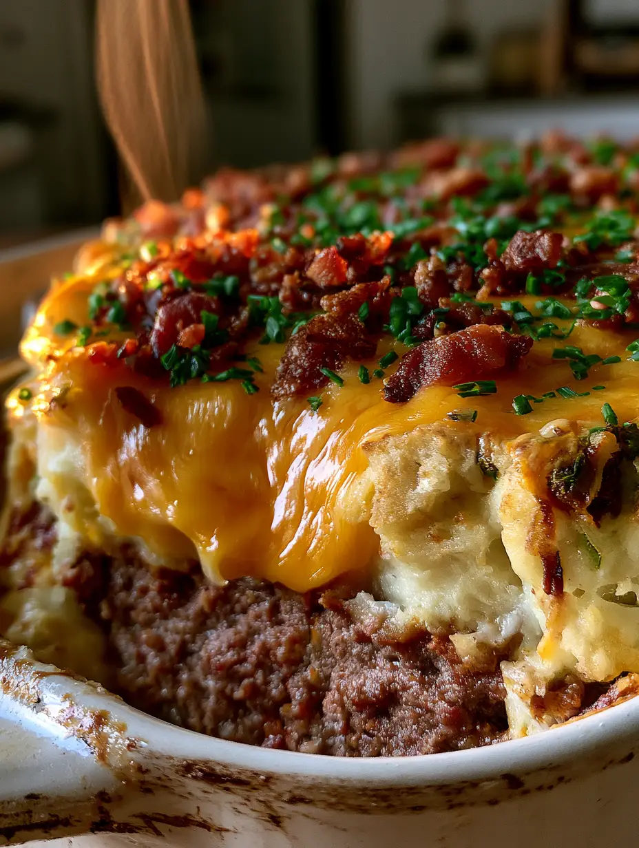 Extreme close-up of a potato meatloaf bake showing the juicy meat base and melted sharp cheddar cheese pull.