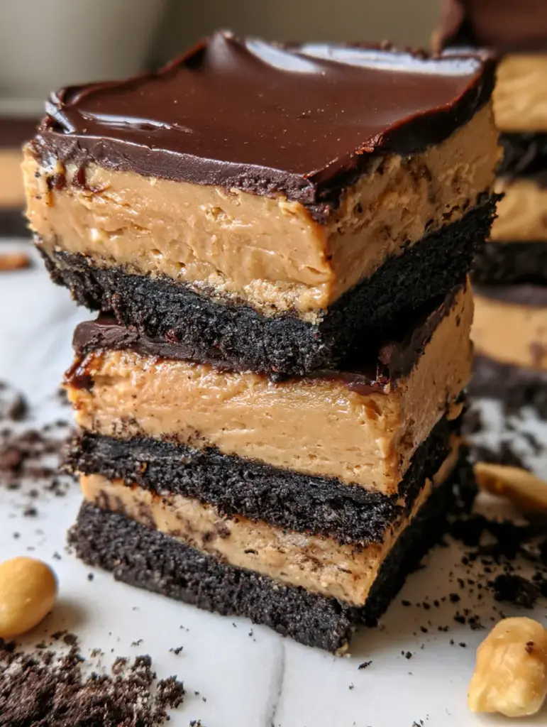 Close-up shot of the creamy peanut butter filling and dark Oreo crust of the oreo peanut butter delights.