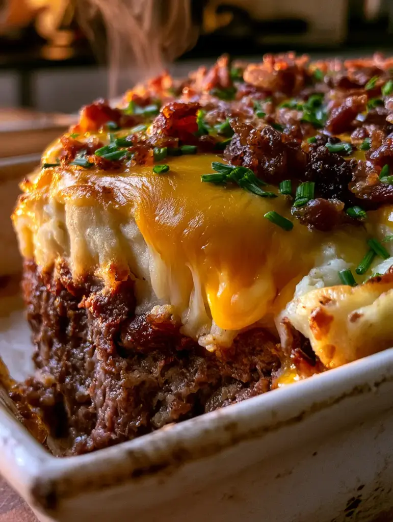 A rustic white ceramic dish filled with potato meatloaf bake, topped with crispy bacon and fresh chives.