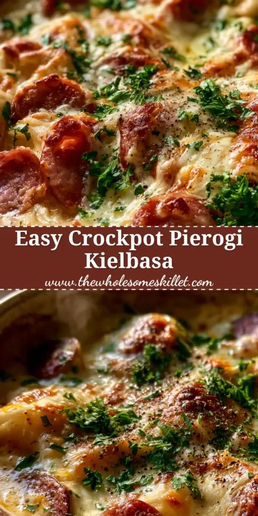 A bubbling pierogi casserole in a rustic dish topped with melted cheese, seared kielbasa, and fresh parsley.