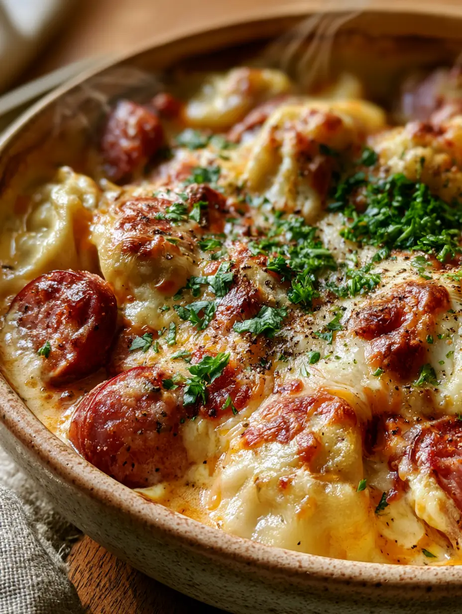 Close-up of pierogi casserole featuring golden-brown bubbly cheese and seared sausage slices. (pierogi casserole)