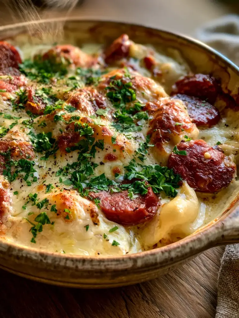 A handheld smartphone photo of a rustic ceramic dish filled with bubbling pierogi casserole and steam rising.
