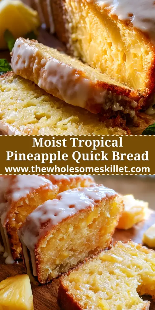Pineapple Quick Bread with Glossy Vanilla Bean Glaze 4 A freshly sliced pineapple quick bread with thick white glaze and fresh pineapple garnishes on a wooden board.