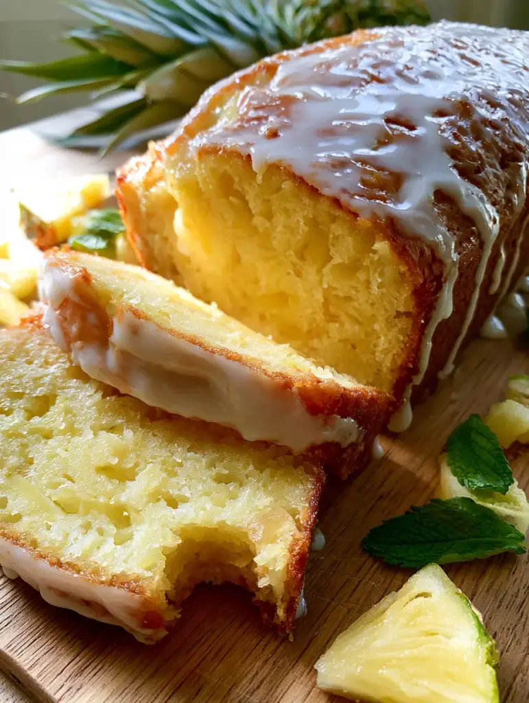 Pineapple Quick Bread with Glossy Vanilla Bean Glaze 2 Close up of a yellow crumb pineapple quick bread slice showing tender fruit pieces.