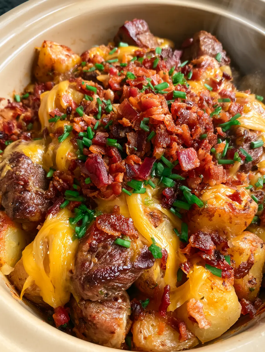 A high-quality photo of a ceramic slow cooker filled with seared steak and golden potato chunks topped with bacon. (steak and cheese potatoes)