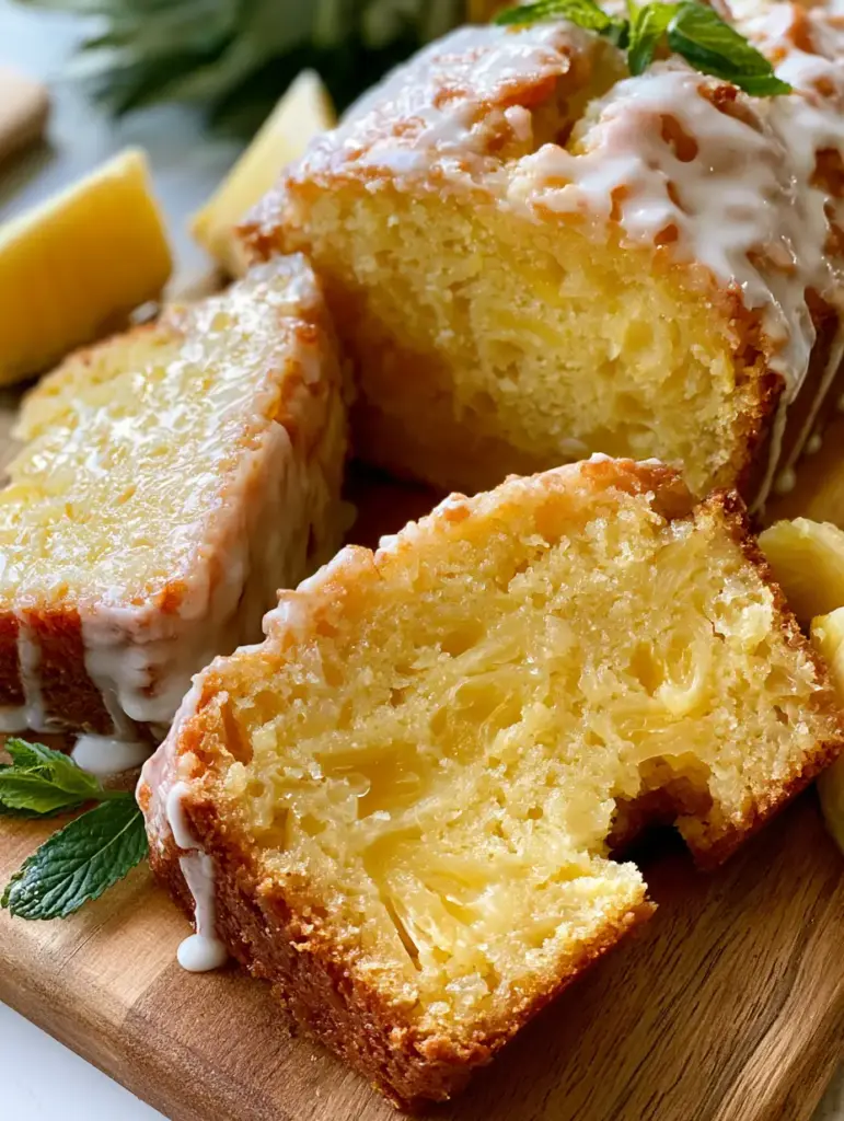 Pineapple Quick Bread with Glossy Vanilla Bean Glaze 1 Slices of pineapple quick bread with vanilla glaze drips on a wooden cutting board with mint leaves.