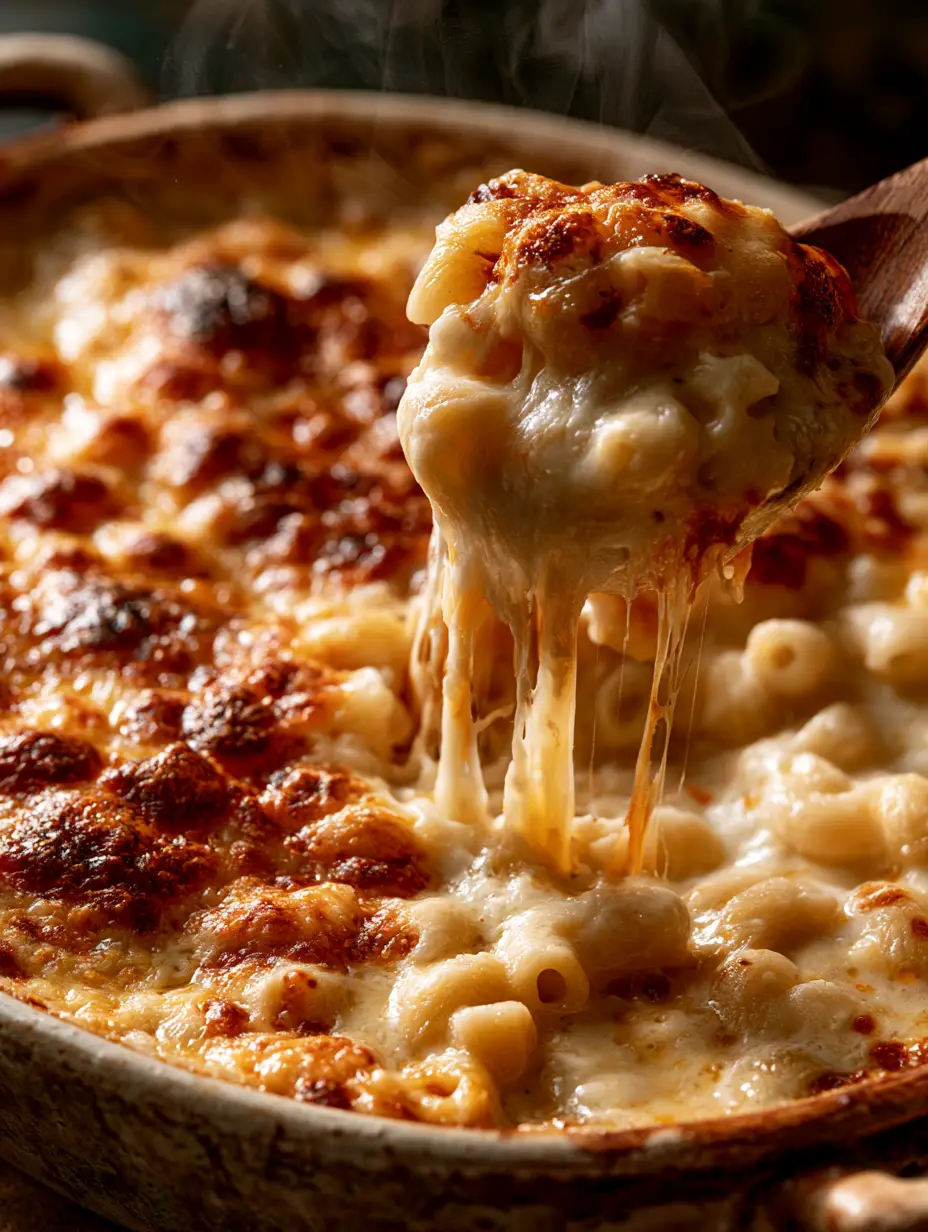 Close-up of baked mac and cheese in a ceramic dish with a crispy golden top layer.