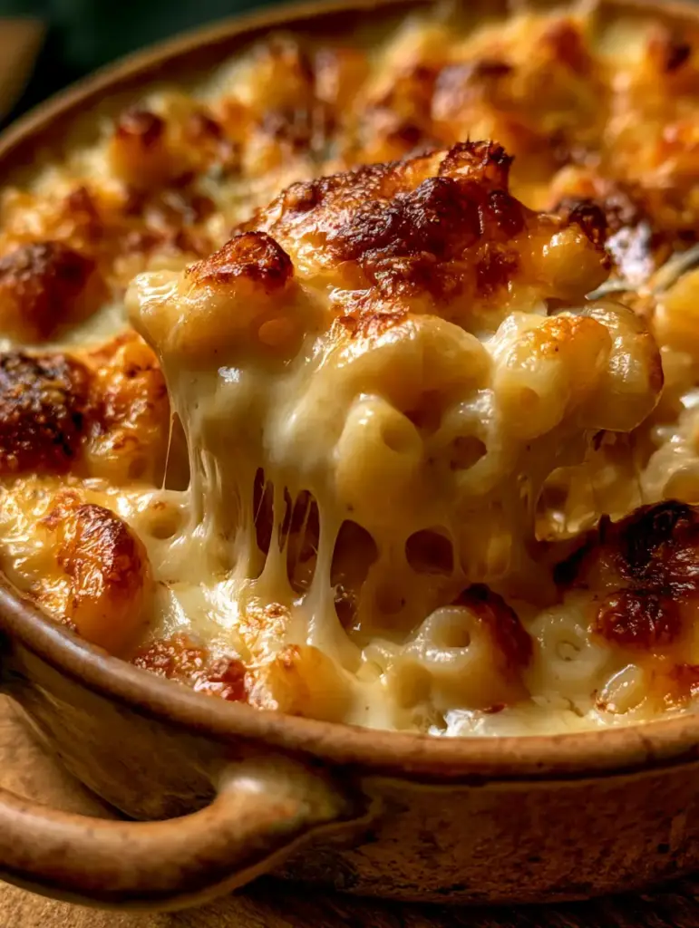 Lifting a scoop of creamy macaroni and cheese showing molten gruyere cheese strings.