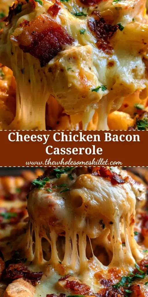 Chicken Bacon Casserole with Bubbling Cheese and Tubular Pasta 4 A bubbling chicken bacon casserole straight from the oven with gooey golden cheese and fresh parsley garnish.