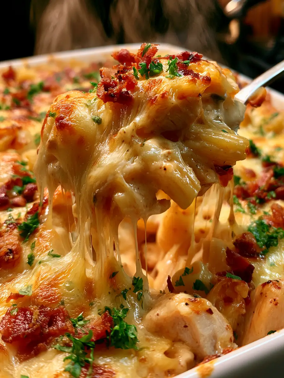 Chicken Bacon Casserole with Bubbling Cheese and Tubular Pasta 3 Extreme close-up of melted cheese stretching over chicken and bacon in a chicken bacon casserole.