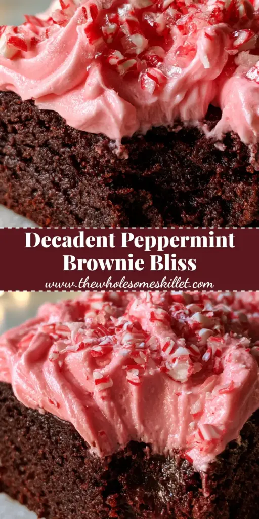 A stack of dark chocolate peppermint brownies with pastel pink frosting and crushed candy canes on a festive background.